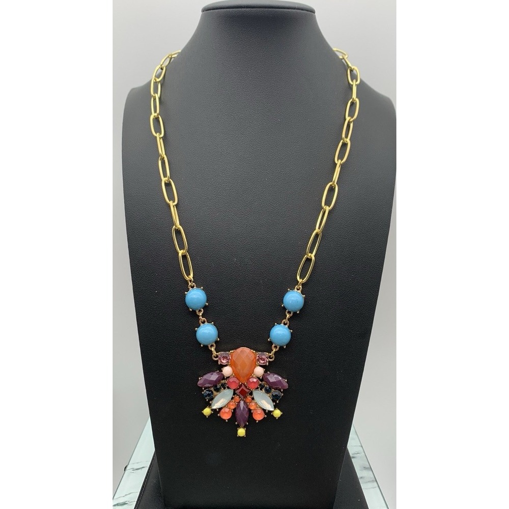 Gold Tone Paper Clip Chain Necklace With Colorful Rhinestone Pendant 19-22"